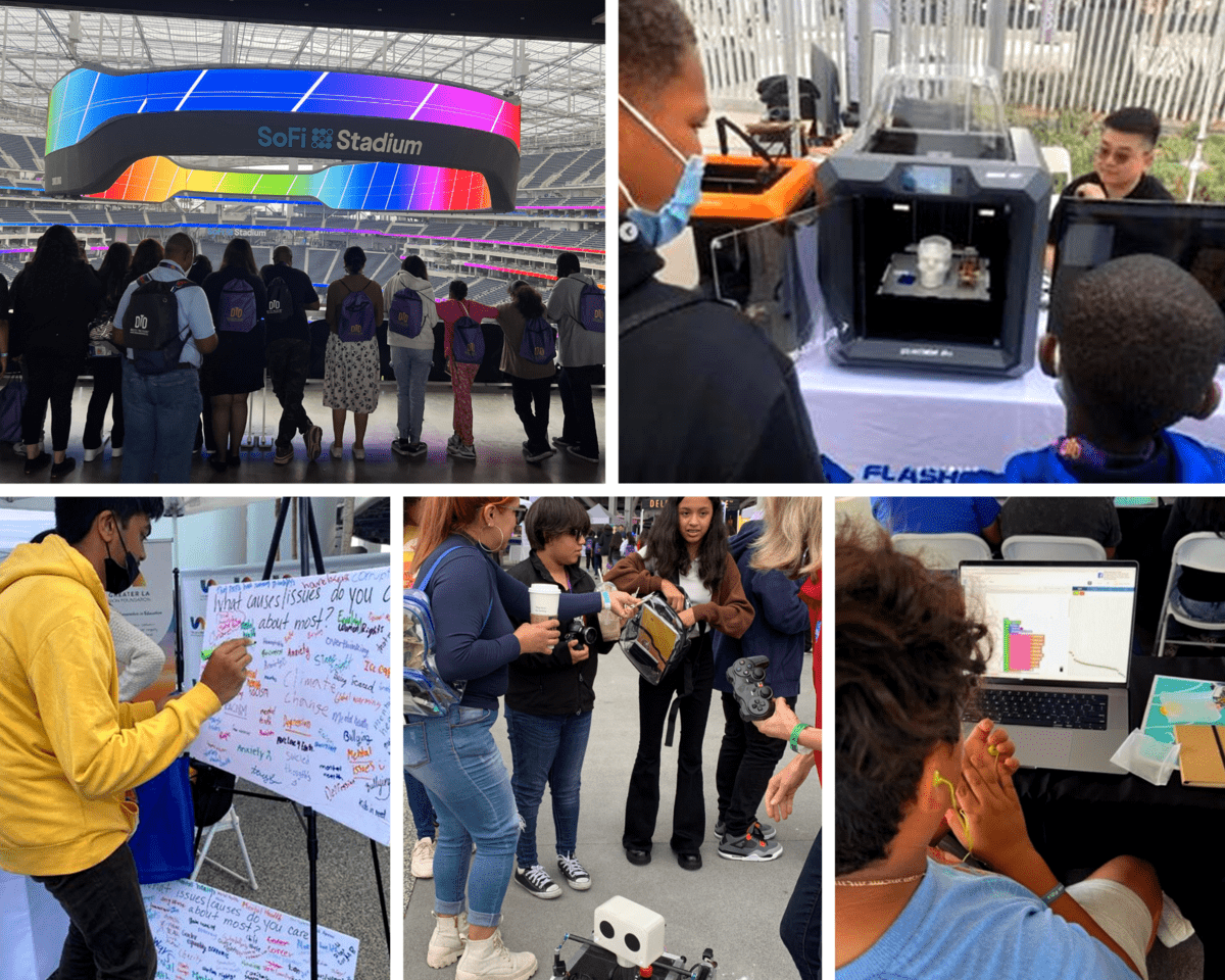 collage of participants at the Tech Empowerment Day looking at SoFi Stadium